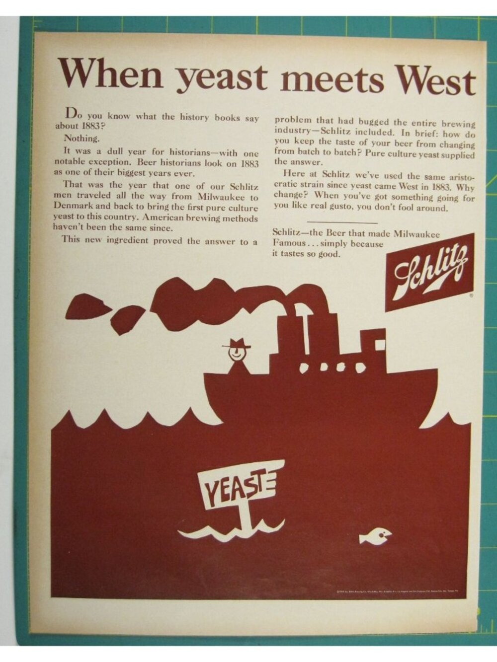 Print Ad Schlitz Beer Pure Culture Vintage 1960s Brewing When Yeast Meets West